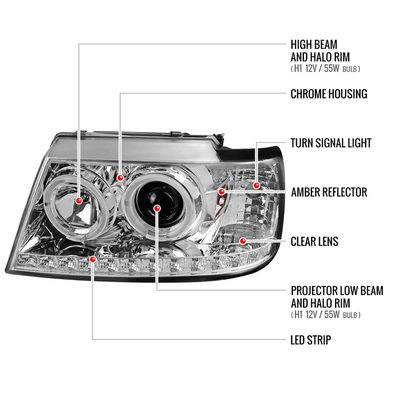 2002-2005 Ford Explorer Dual Halo Projector Headlights Chrome/Clear Lens