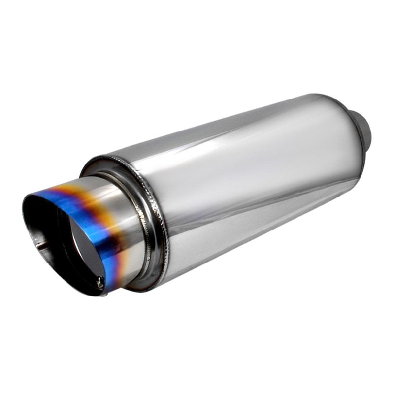 Universal 2.5" Inlet/4" Outlet S. Steel Muffler w/ Fireball Style Burnt Tip