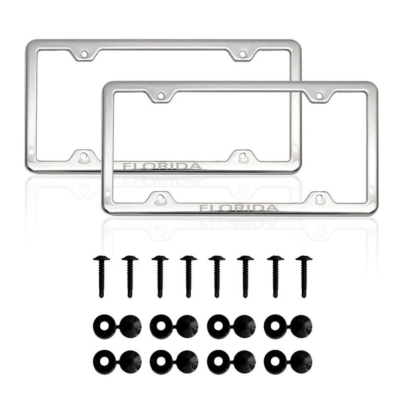 FLORIDA Print License Plate Frame Tag Holder Chrome S. Steel Set 2 Pcs.