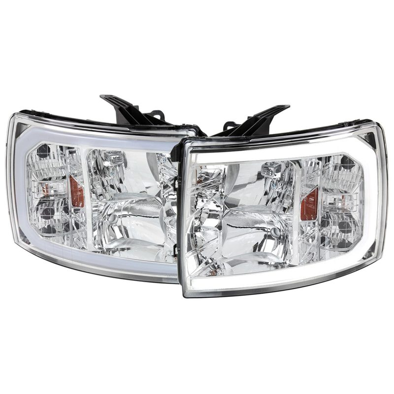 2007-2013 Chevy Silverado 1500 2500HD 3500HD C-Bar Headlights Amber & Chrome