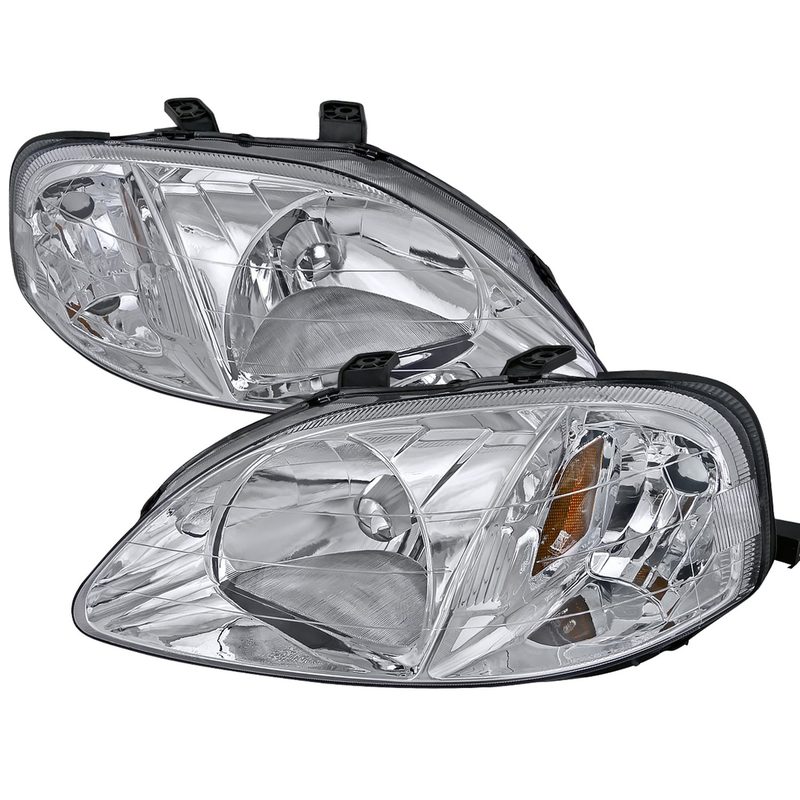 1999-2000 Honda Civic Crystal Headlights w/ Amber Reflector Chrome/Clear Lens
