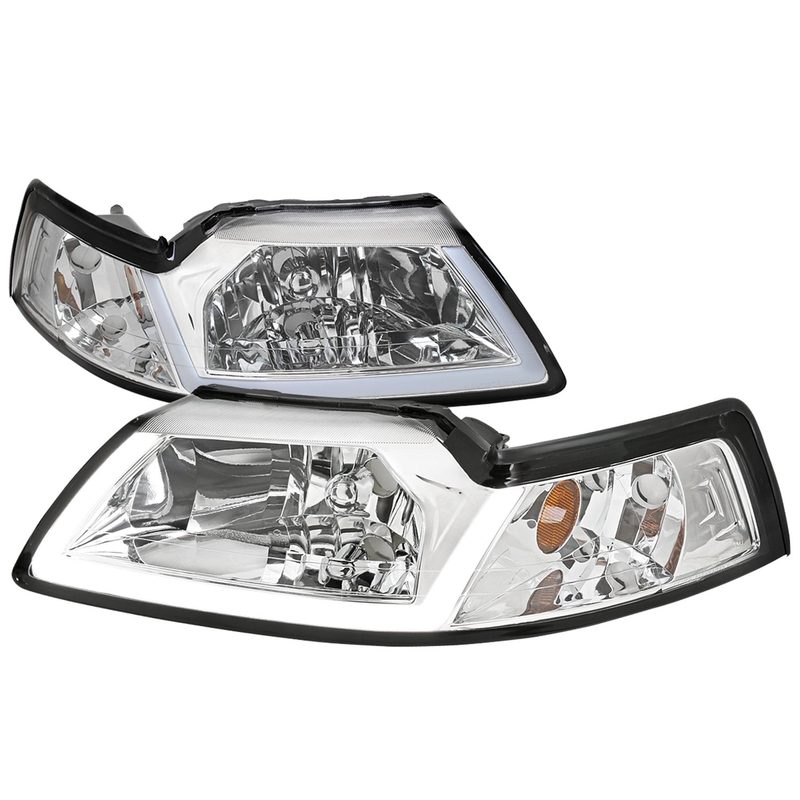1999-2004 Ford Mustang LED Bar Factory Headlights Amber Reflector Chrome