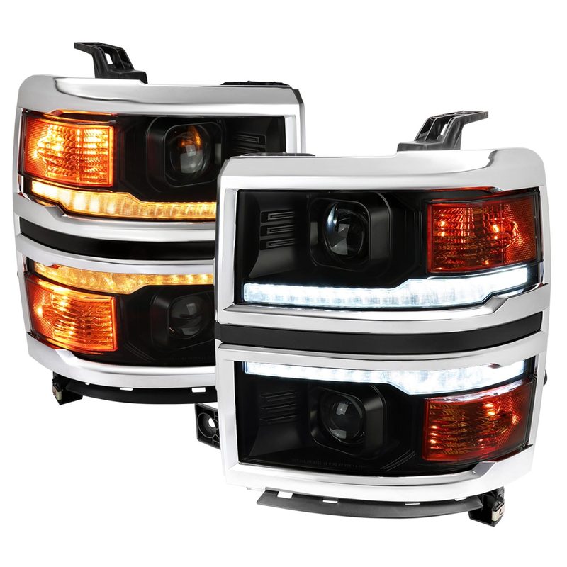 2014-2015 Chevy Silverado 1500 LED Bar Projector Headlights Smoke/Chrome Trim