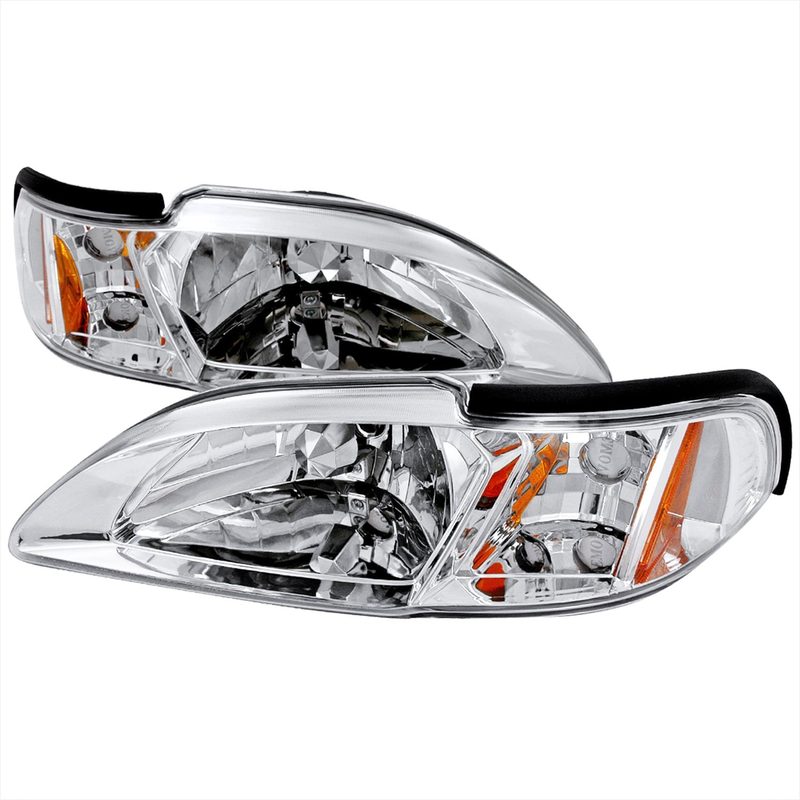 1994-1998 Ford Mustang 1PC Crystal Headlights w/Amber Reflectors Chrome/Clear