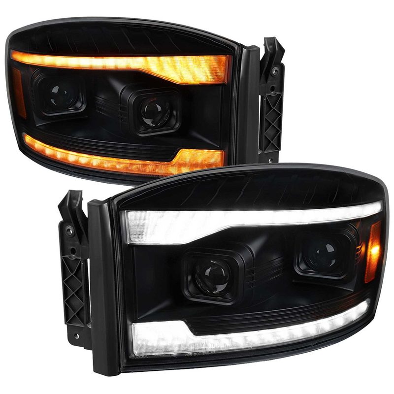 For Dodge RAM 1500 2006-08 / RAM 2500 3500 2006-09 Headlights LED Strip Turn Signal DRL Startup Animation Black Housing Smoked Lens