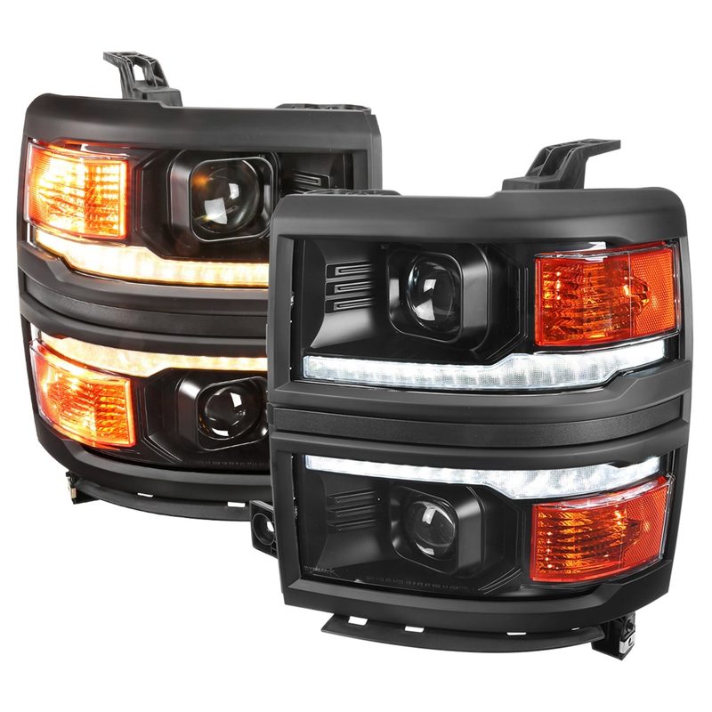 2014-2015 Chevy Silverado 1500 LED Bar Projector Headlights Black/Black Trim