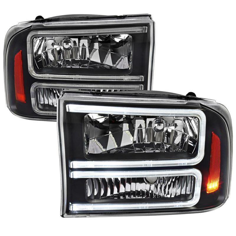 1999-2004 Ford F-250/350/450/550/Excursion Headlights Dual LED C-Bar Black