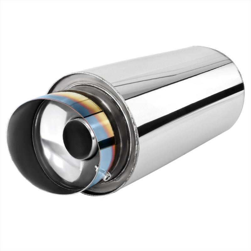 Universal 3" Inlet/4" Outlet Steel Spiral Flow Exhaust Muffler Burnt Tip