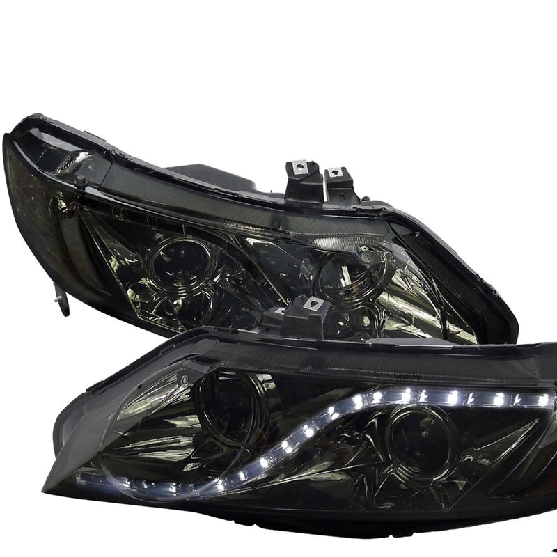 2006-2011 Honda Civic Sedan Projector Headlights R8 LED Light Chrome/Smoke