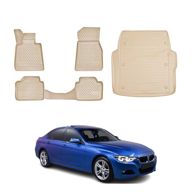 2012-2018 BMW 3 Series F30 Sedan Floor Mats Cargo Liner Full Set Beige and Black