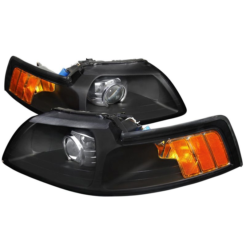 1999-2004 Ford Mustang Projector Headlights Amber Reflectors Matt Black/Clear