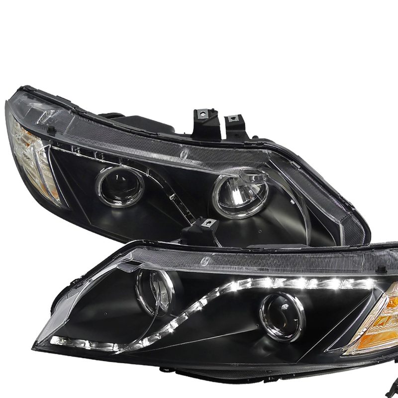 2006-2011 Honda Civic Sedan Projector Headlights R8 LED Light Strip Matt Black