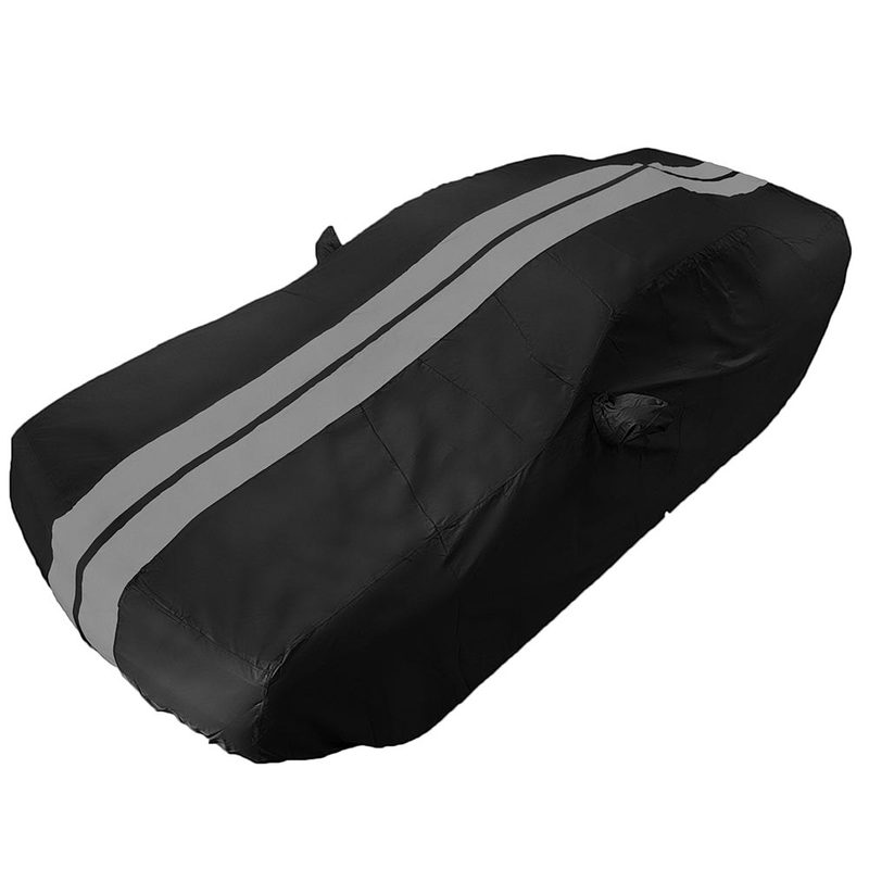 2008-2023 Dodge Challenger Ultraguard Plus Car Cover - 300D Indoor/Outdoor Protection - Black with Gray Stripes