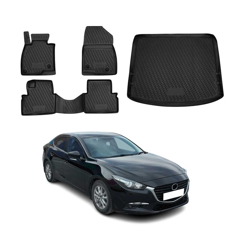 2014-2018 Mazda 3 Sedan Floor Mats & Cargo Liner Full Set All Weather Black
