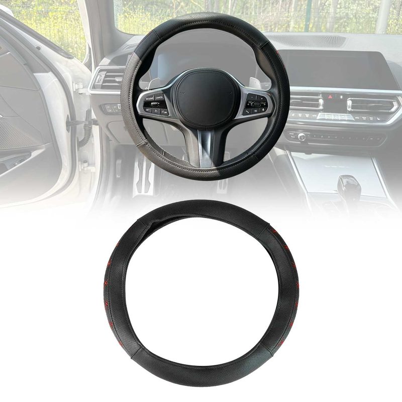 14.5-15.5’’ Steering Wheel Cover Red Stitches Leather Anti-slip Breathable