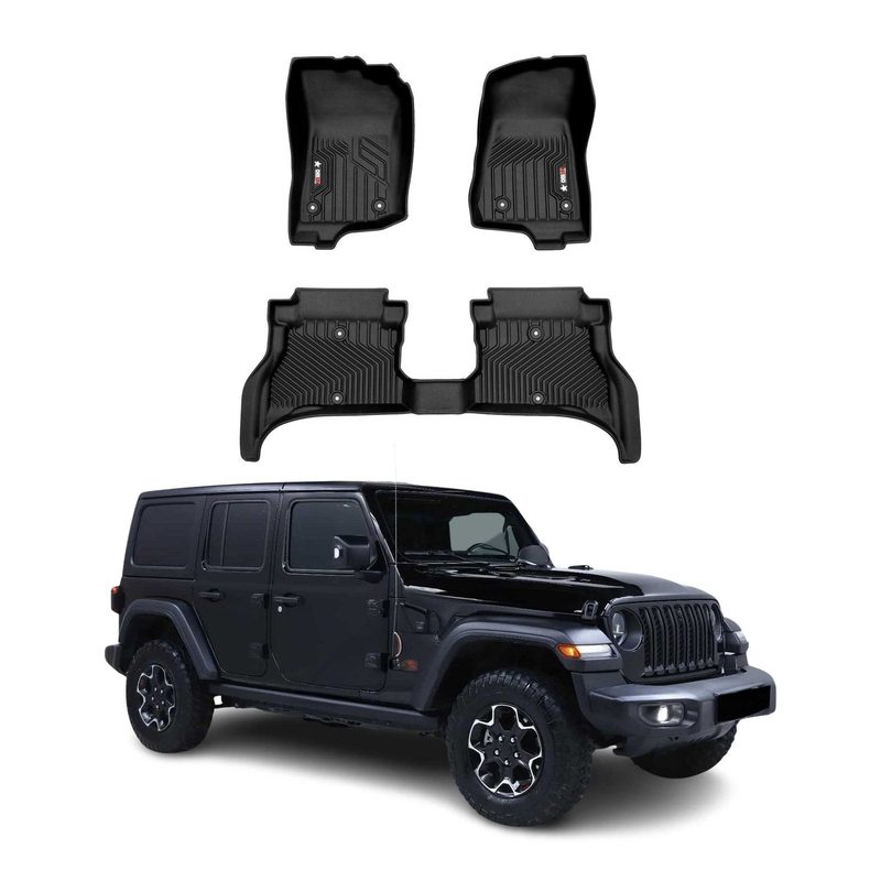 2021-2024 Jeep Wrangler 4xe Premium Floor Mats Liners First and Second Row Set Black