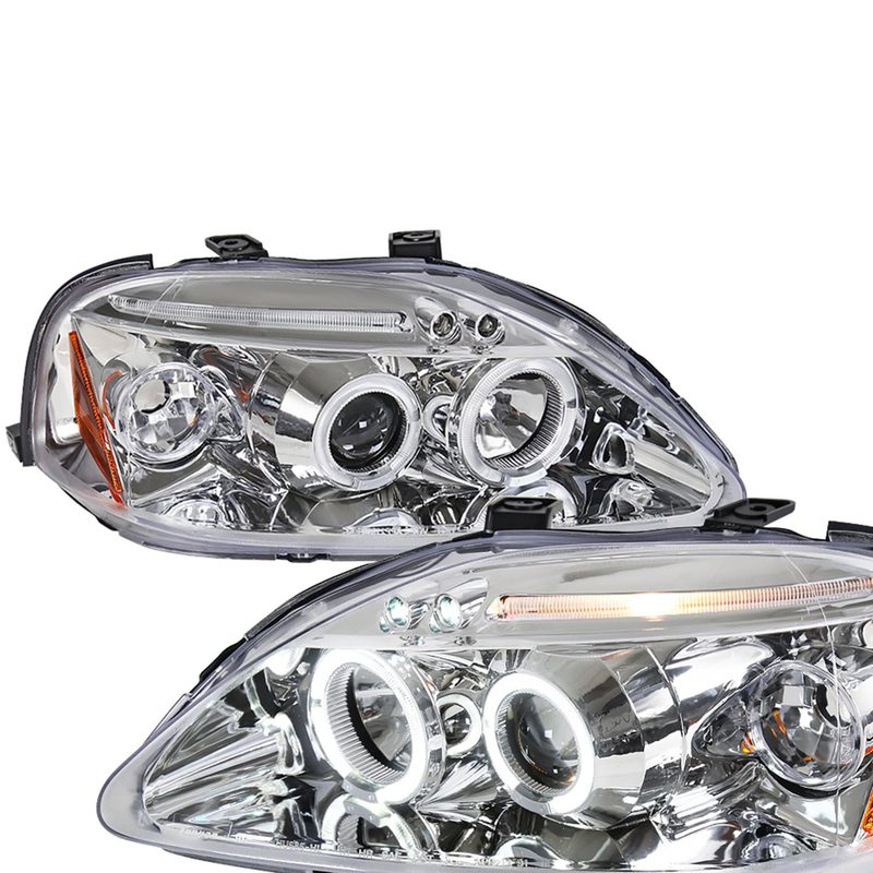 1999-2000 Honda Civic Dual Halo Projector Headlights Chrome/Clear Lens