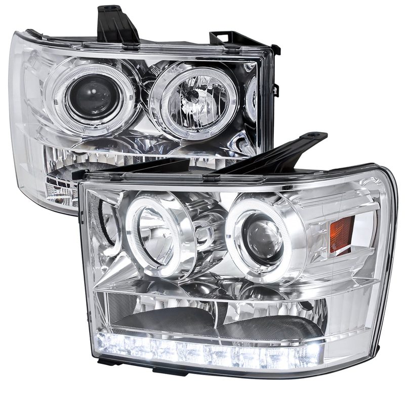 2007-2014 GMC Sierra Dual Halo Projector Headlights Chrome/Clear Lens