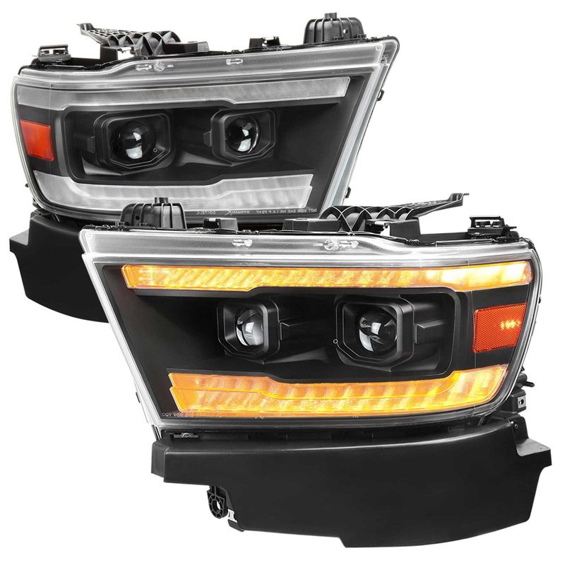 For Dodge RAM 1500 2019-2024 LED Headlights Turn Signals LED Pulsing Glow Matte Black Housing Clear Lens
