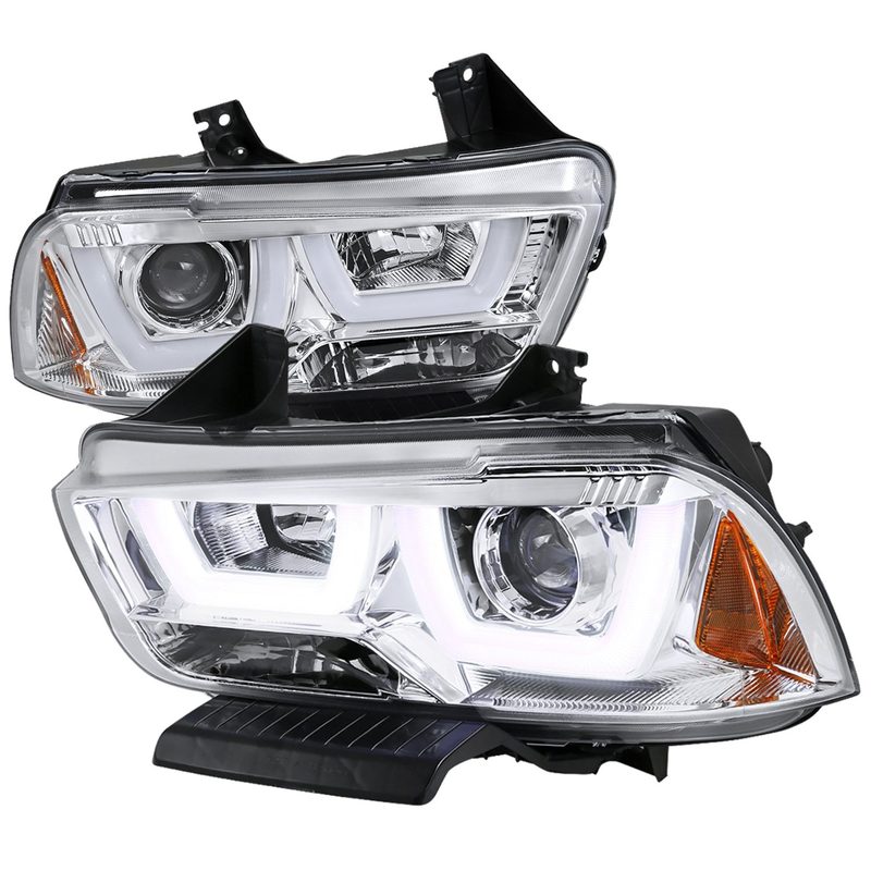 2011-2014 Dodge Charger Dual LED U-Bar Projector Headlights Chrome/Clear Lens