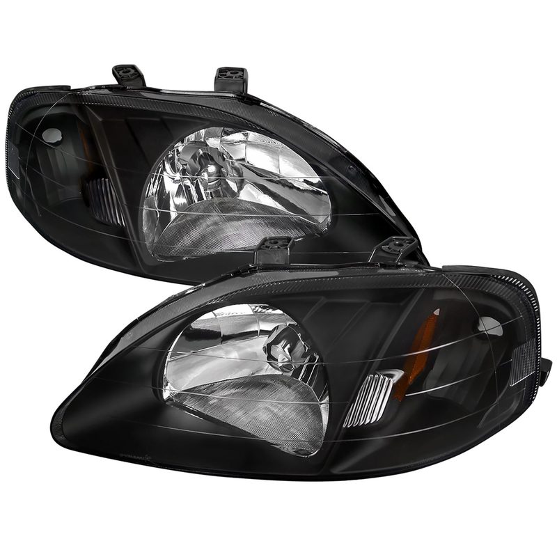 1999-2000 Honda Civic Crystal Headlights w/ Amber Reflector Matte Black/Clear