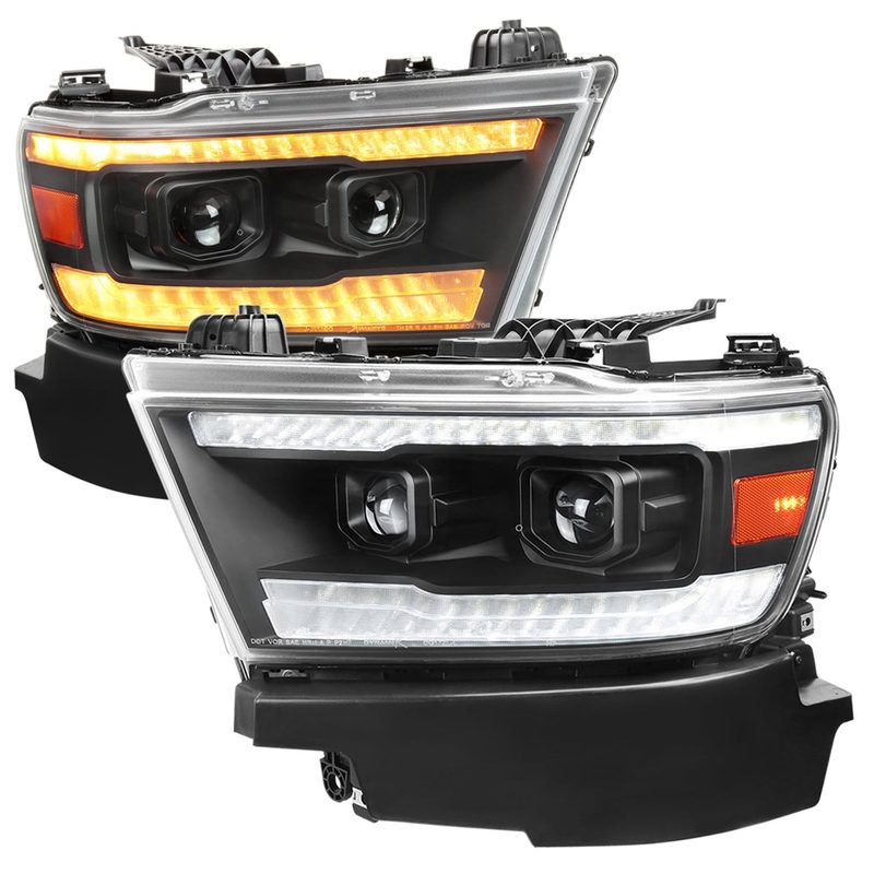2019-2024 Dodge RAM 1500 Sequential LED Turn Signal Projector Headlights Black