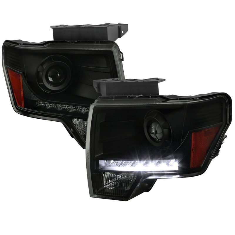 2009-2014 Ford F-150 Projector Headlights w/ LED Light Strip Black/Smoke Lens