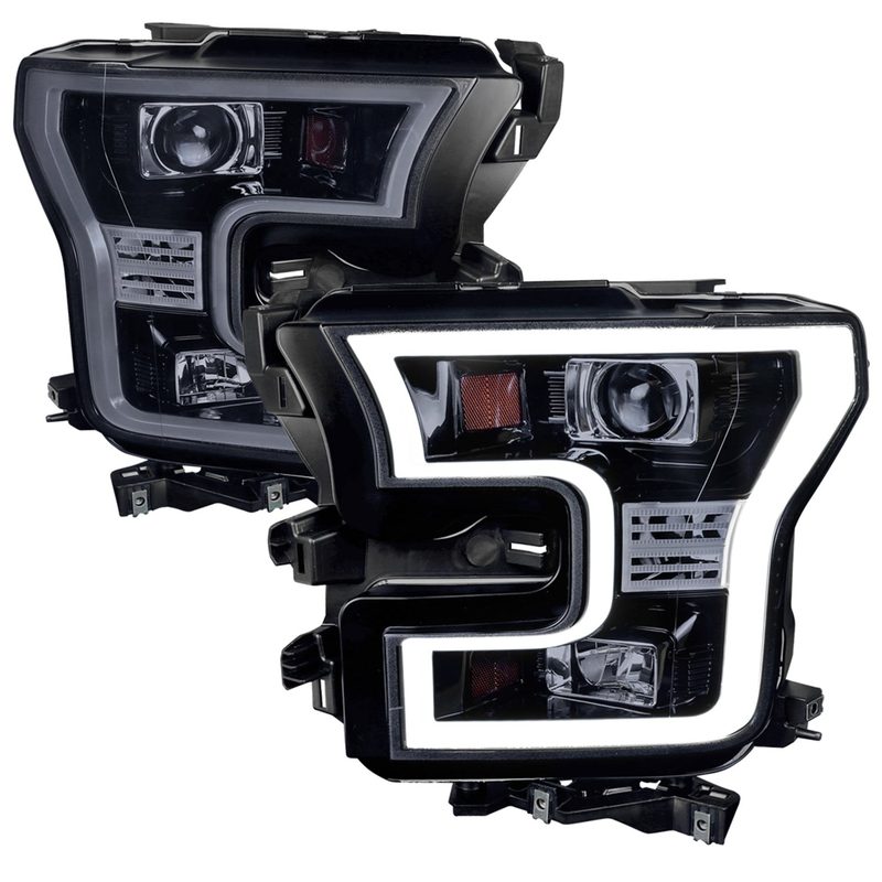 2015-2017 Ford F-150 LED Bar Outline Projector Headlights Glossy Black/Smoke