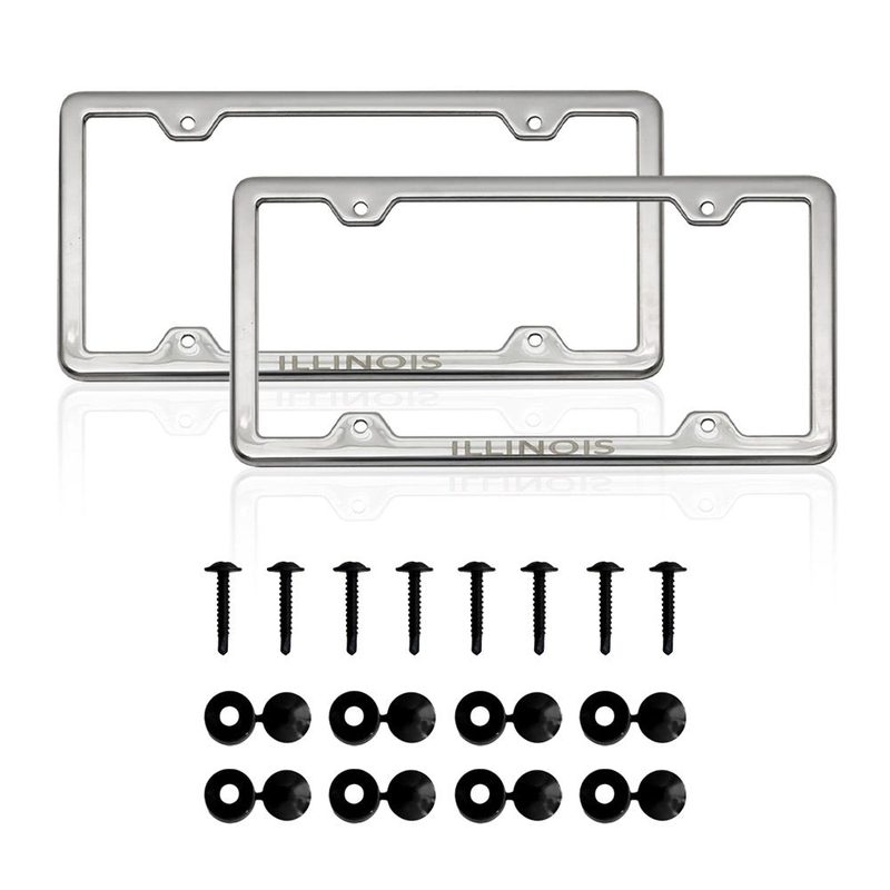ILLINOIS Print License Plate Frame Tag Holder Chrome S. Steel Set 2 Pcs.