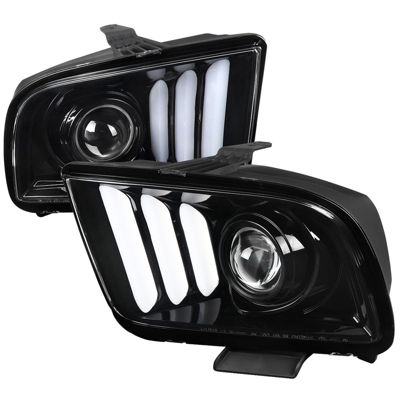 2005-2009 Ford Mustang LED Bar Projector Headlights Jet Black/Clear Lens