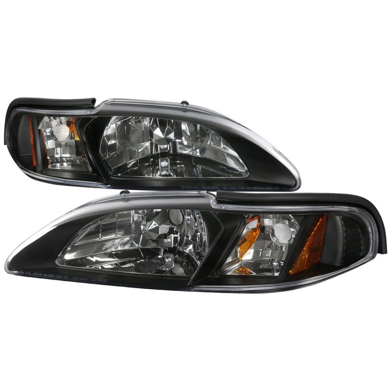 1994-1998 Ford Mustang 1PC Crystal Headlights Amber Reflectors Matt Black