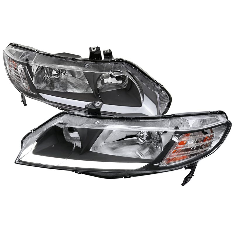 2006-2011 Honda Civic 4DR Sedan Factory Headlights LED Strip Matt Black/Clear