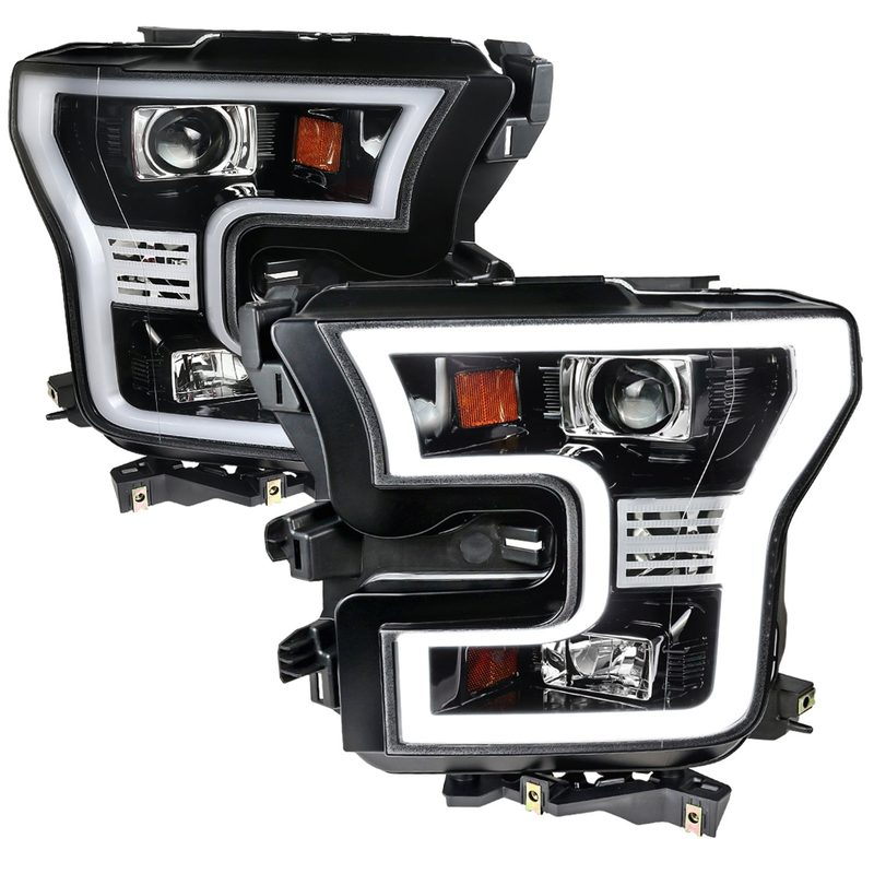 2015-2017 Ford F-150 LED Bar Projector Headlights Jet Black/Clear Lens