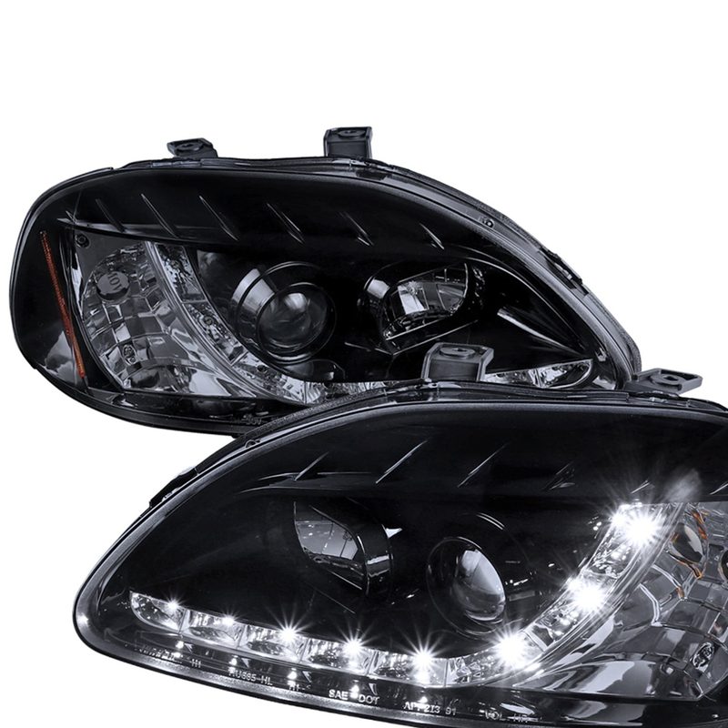 1996-1998 Honda Civic Projector Headlights R8 LED Light Black/Smoke Lens