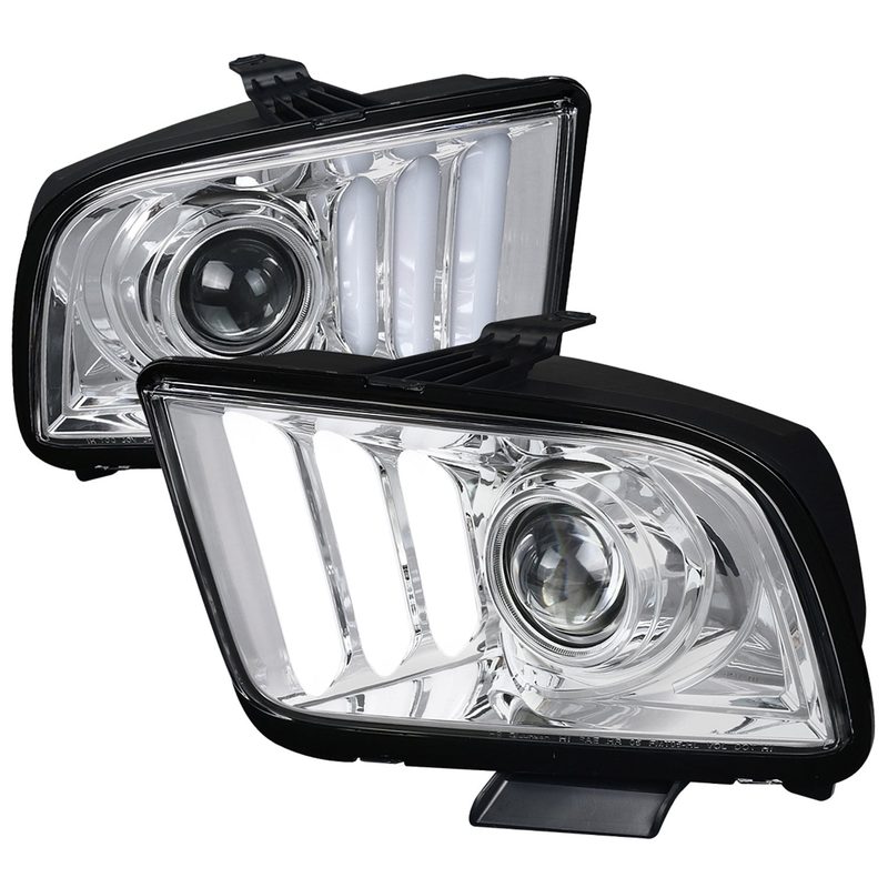 2005-2009 Ford Mustang LED Bar Projector Headlights Chrome/Clear Lens