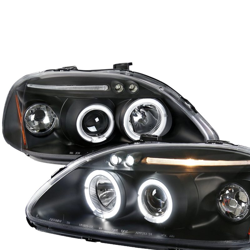 1996-1998 Honda Civic Dual Halo Projector Headlights Matte Black/Clear Lens