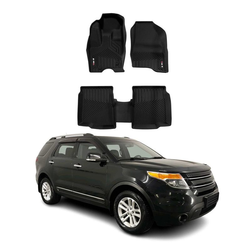 2011-2015 Ford Explorer Premium Floor Mats Liners First and Second Row Set Black