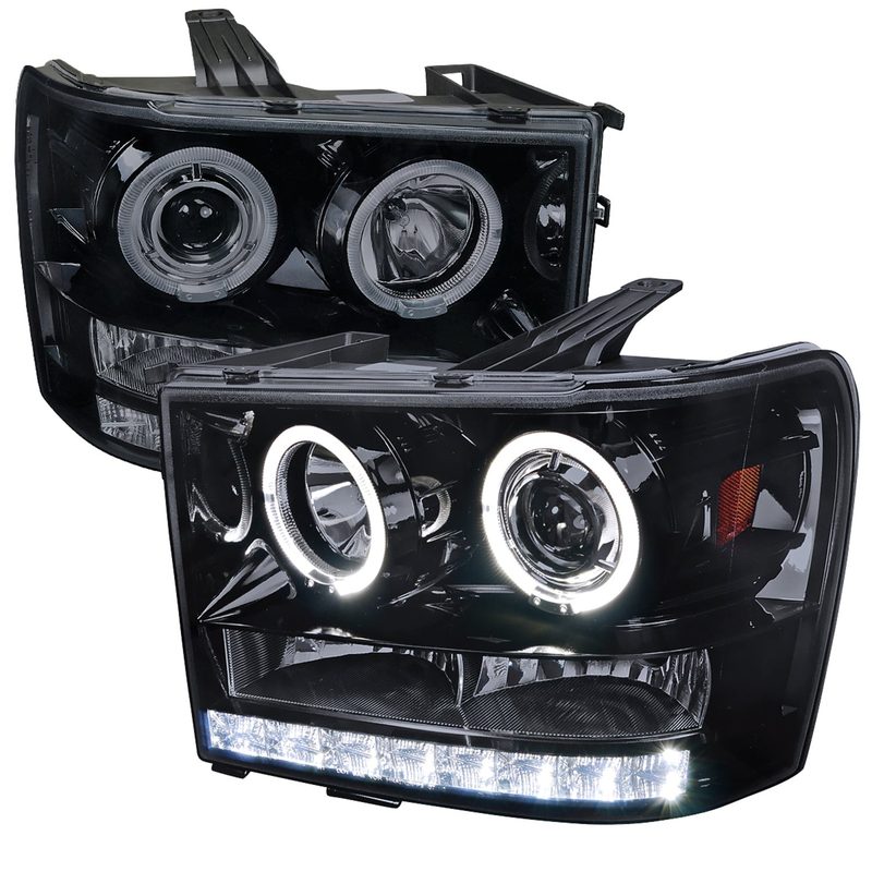 2007-2014 GMC Sierra SMD Dual Halo Projector Headlights Glossy Black/Smoke