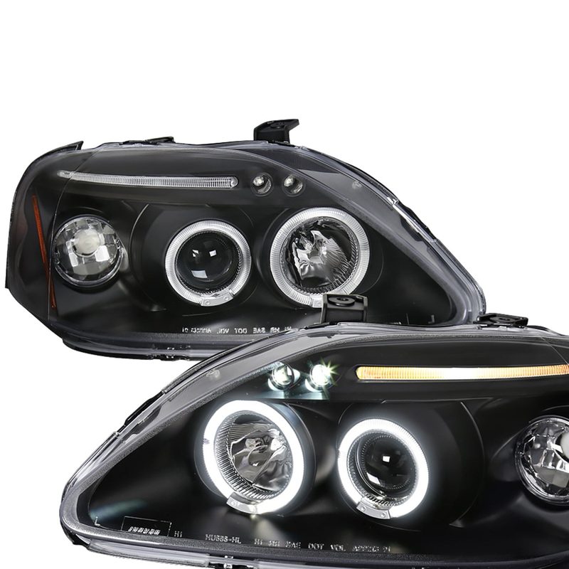 1999-2000 Honda Civic Dual Halo Projector Headlights Matte Black/Clear Lens