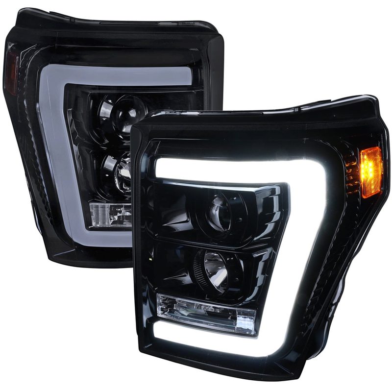 2011-2016 F-250/350/450/550 LED C-Bar Projector Headlights Glossy Black/Smoke