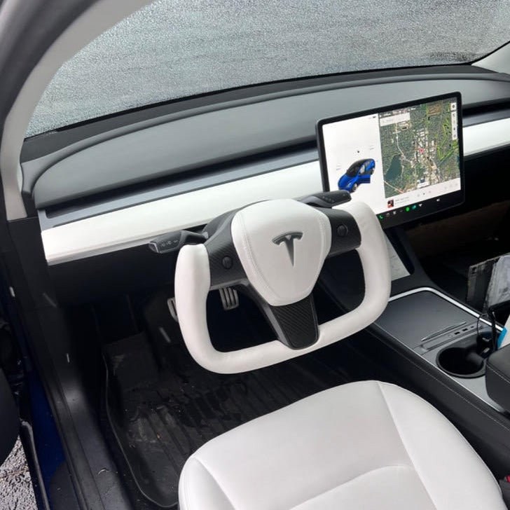 White Leather Yoke Steering Wheel for Tesla Model 3 / Y【Style 7】