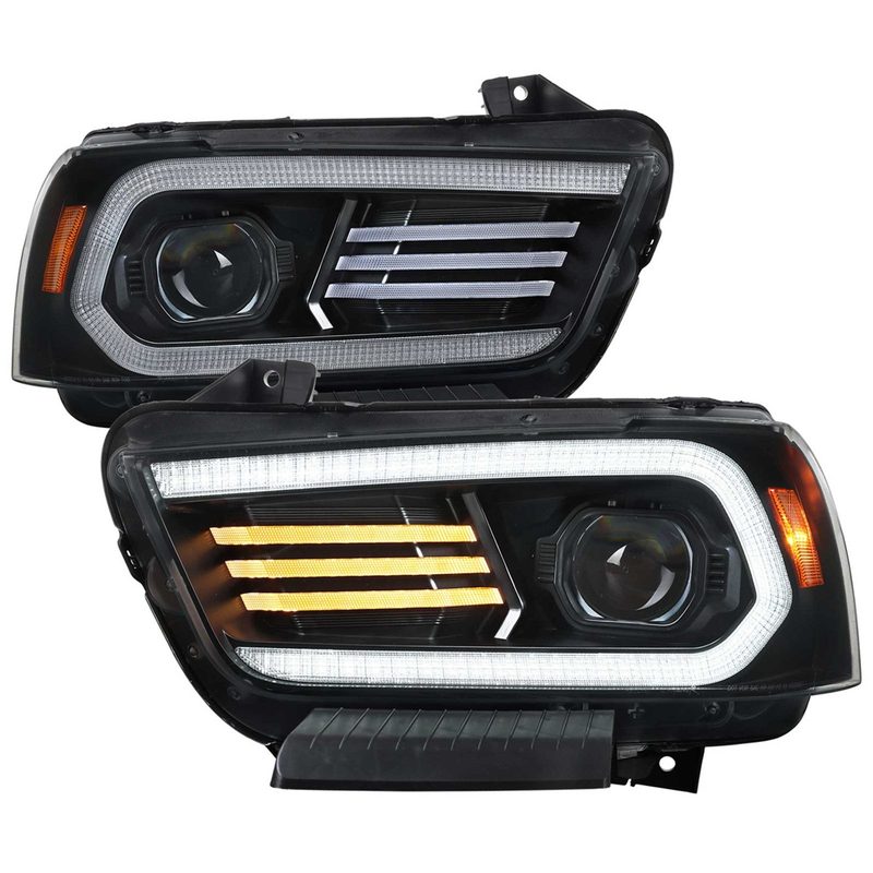 For Dodge Charger 2011-2014 Headlights LED DRL Light Strip Turn Signal Side Marker Black Housing Clear Lens