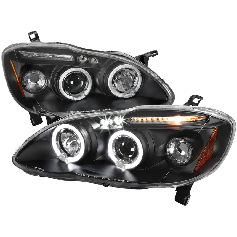2003-2008 Toyota Corolla Dual Halo Projector Headlights Matte Black/Clear Lens