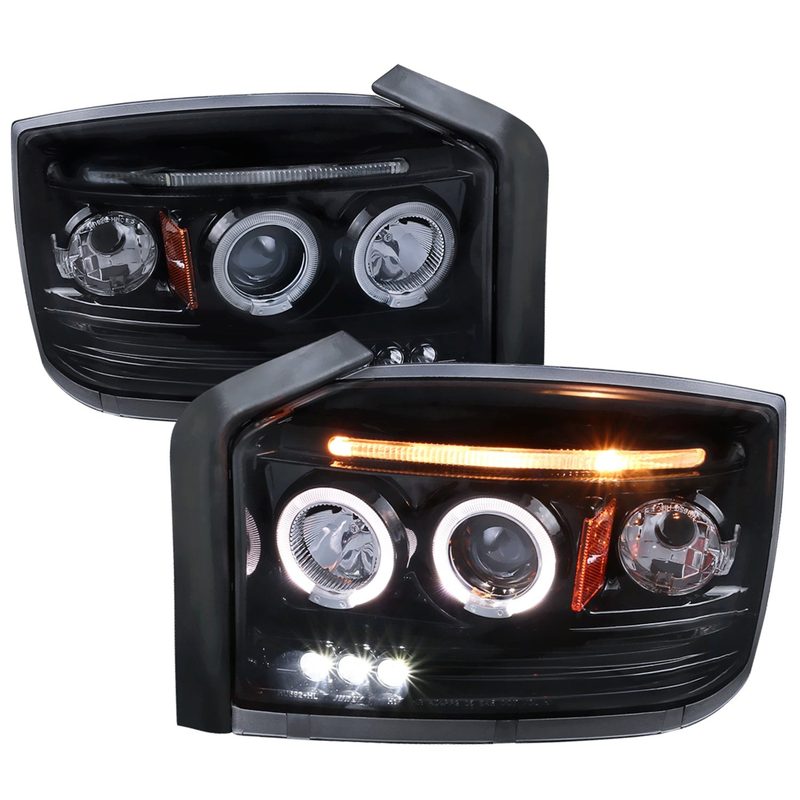 2005-2007 Dodge Dakota Dual Halo Projector Headlights Glossy Black/Smoke Lens