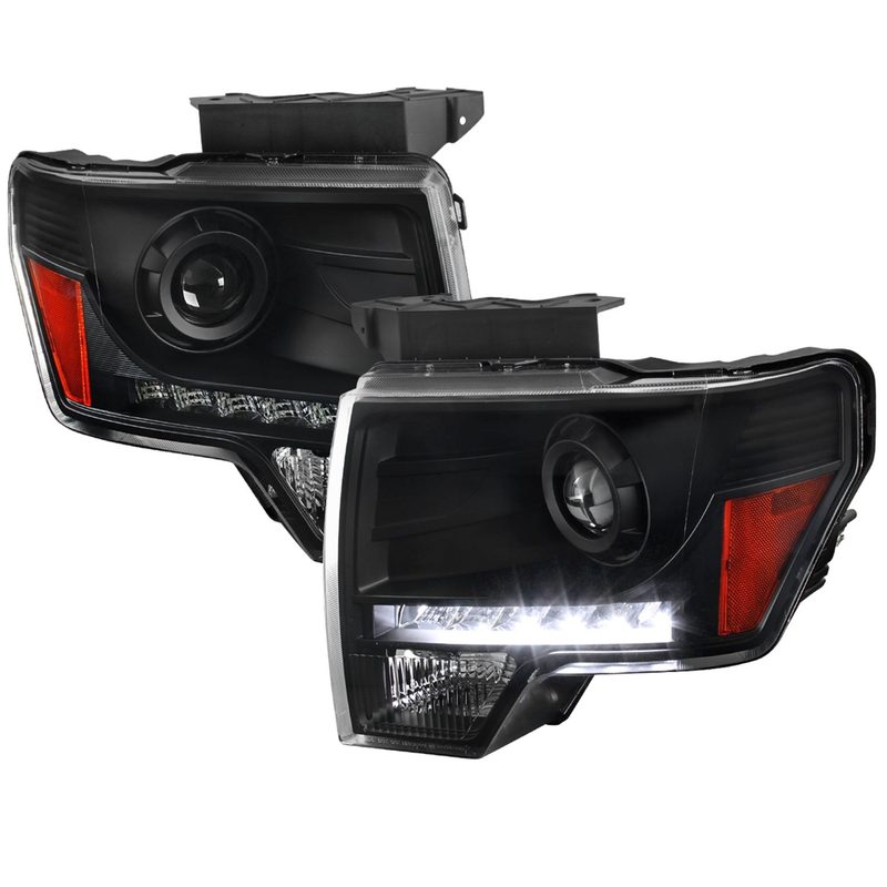 2009-2014 Ford F-150 Projector Headlights w/ LED Light Strip Matte Black/Clear