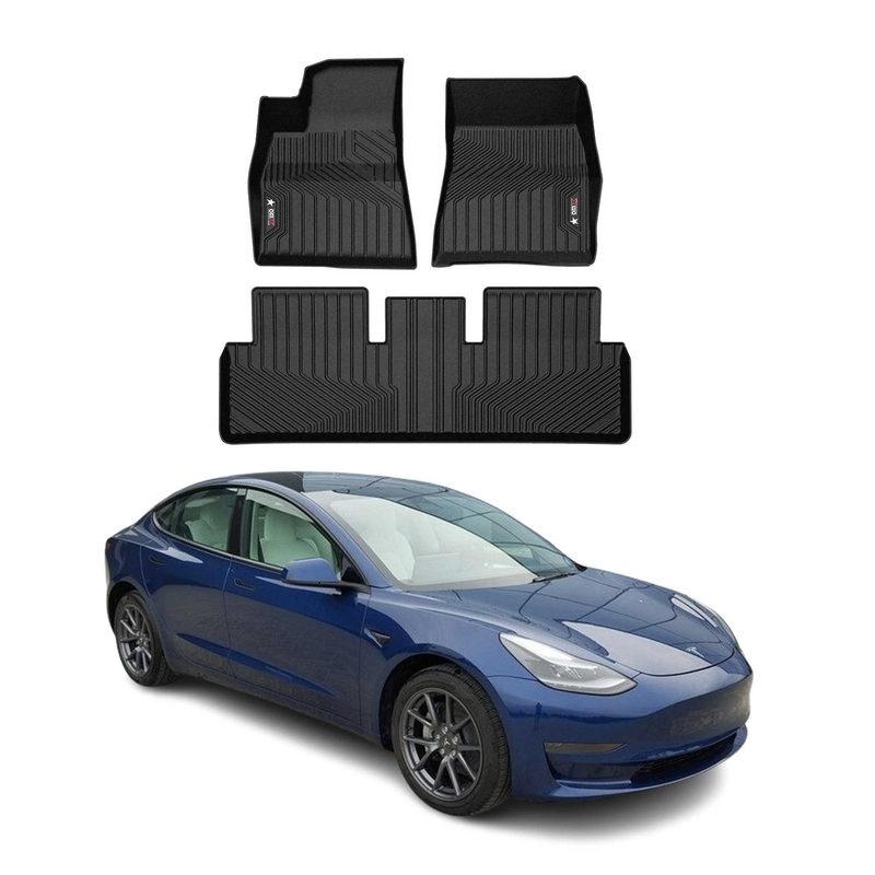 2017-2024 Tesla Model 3 Premium Floor Mats Liners First and Second Row Set Black
