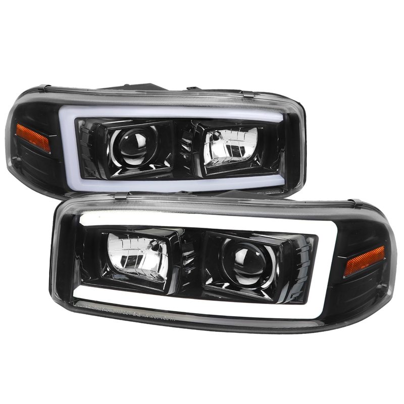 2000-2006 GMC Sierra/Denali/Yukon LED Strip Projector Headlights Glossy Black