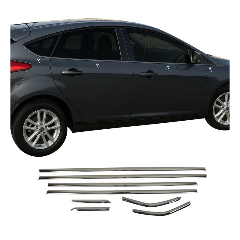 2012-2018 Ford Focus Hatchback 3.gen Window Molding Trim Streamer Stainless Steel Dark Chrome 8 Pcs