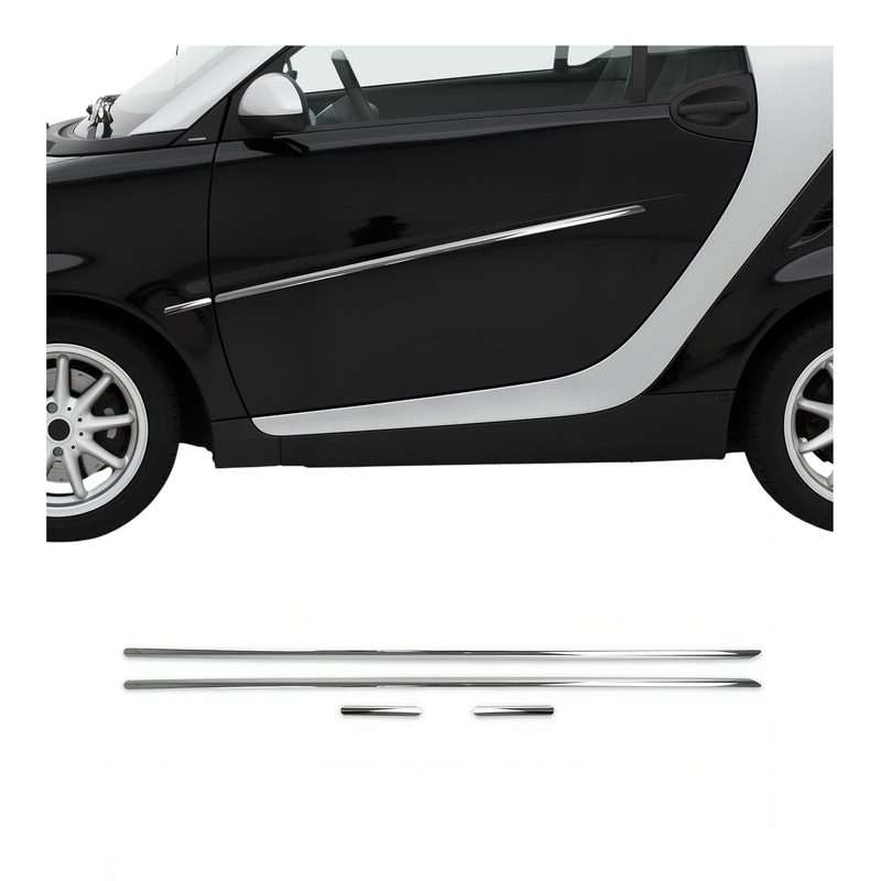 2007-2015 Smart ForTwo Side Door Molding Trim Skirt Garnish Stainless Steel Silver 4Pcs