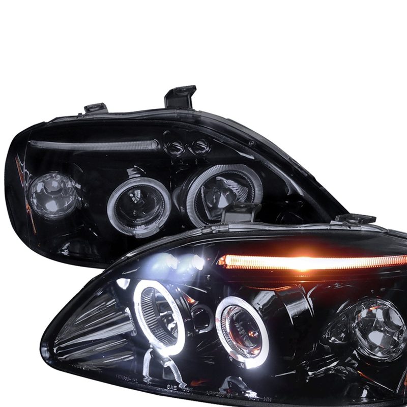 1996-1998 Honda Civic Dual Halo Projector Headlights Glossy Black/Smoke Lens
